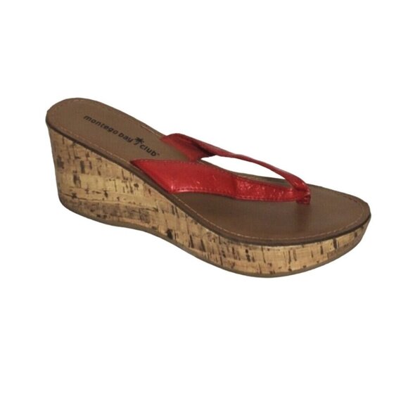Montego Bay Club Thong Platform Sandal Cork Wedge Heels Women Size 7.5 Red - Picture 1 of 8